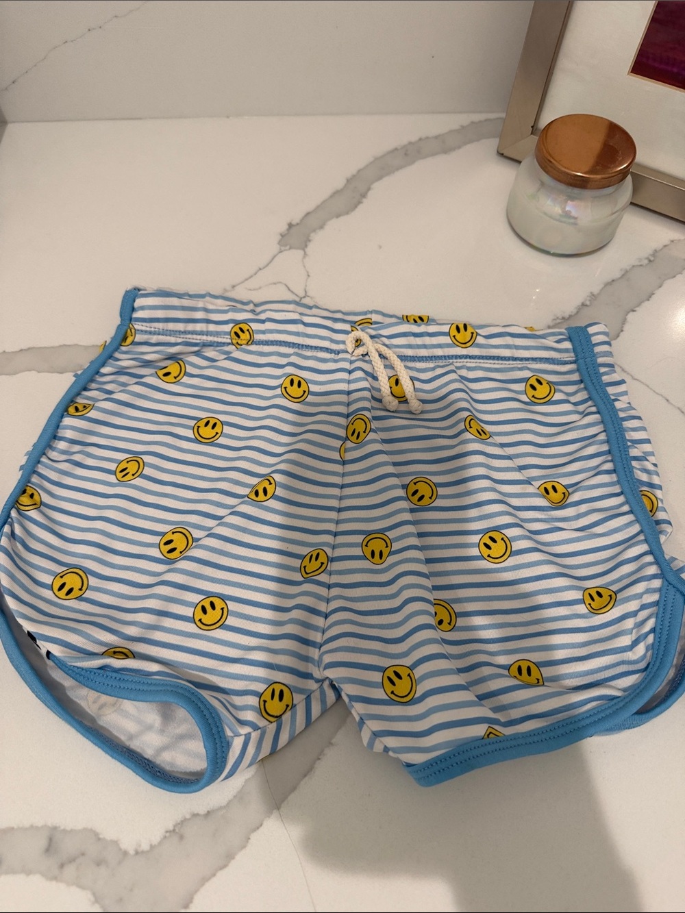 Kids Blue Stripe Swim Trunks with Yellow Smiley Print